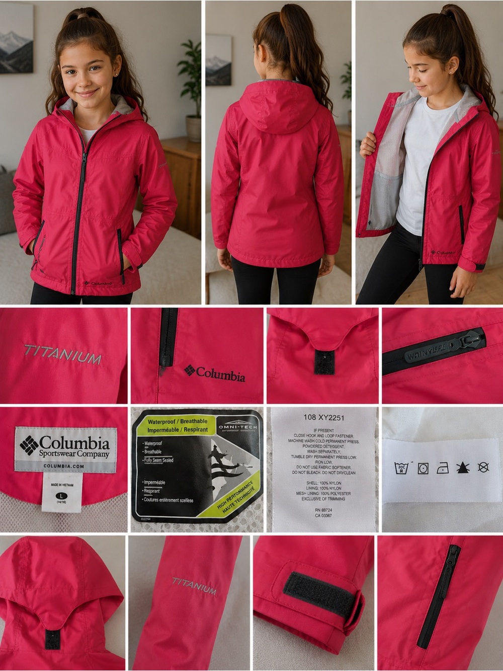 Columbia Titanium Omni-Tech Hooded Jacket Youth Large Pink Waterproof Rain Shell